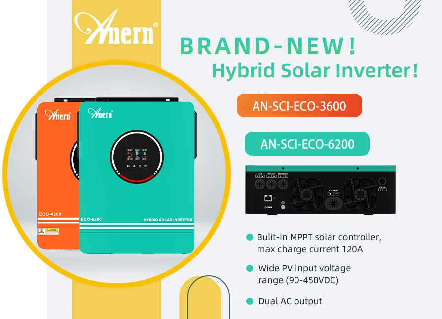 Anern 6.2KW 4.2KW 3KW 1.6KW Hybrid Inverter Off Grid Dual AC Output MPPT 120A on Grid Solar Inverter 48V 24V 12V 230V PV 500Vdc