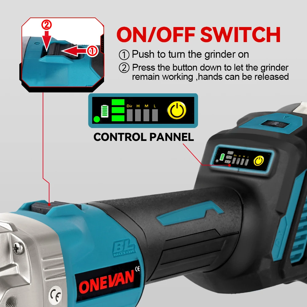 ONEVAN 3000W Brushless Electric Angle Grinder 6 Gears Cordless Portable Polishing Cutting Power Tool For Makita 18V Battery Pin
