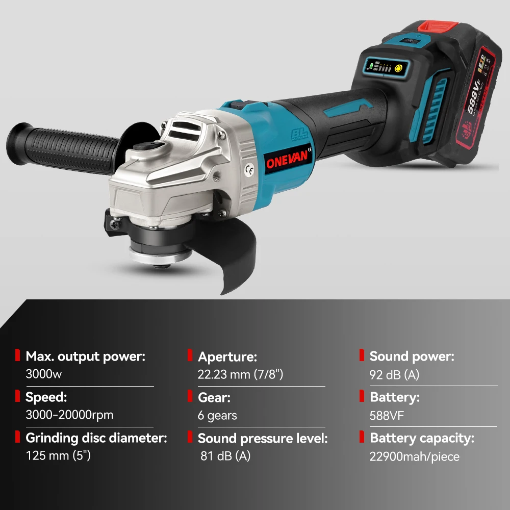 ONEVAN 3000W Brushless Electric Angle Grinder 6 Gears Cordless Portable Polishing Cutting Power Tool For Makita 18V Battery Pin