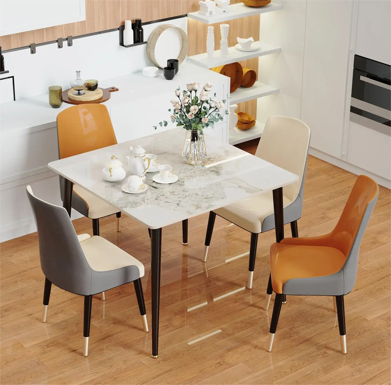 Square Restaurant Marble Dining Table Compact Dishes Serve Table with Metal Legs Kitchen Furniture for 4-6 Seats