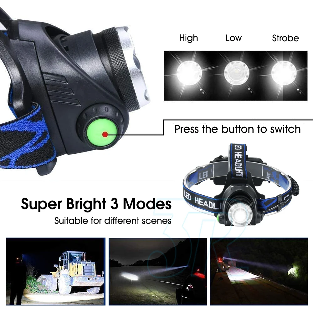 1/2/3x LED Headlamp Rechargeable Headlight Light Head Torch Lamp Flashlight