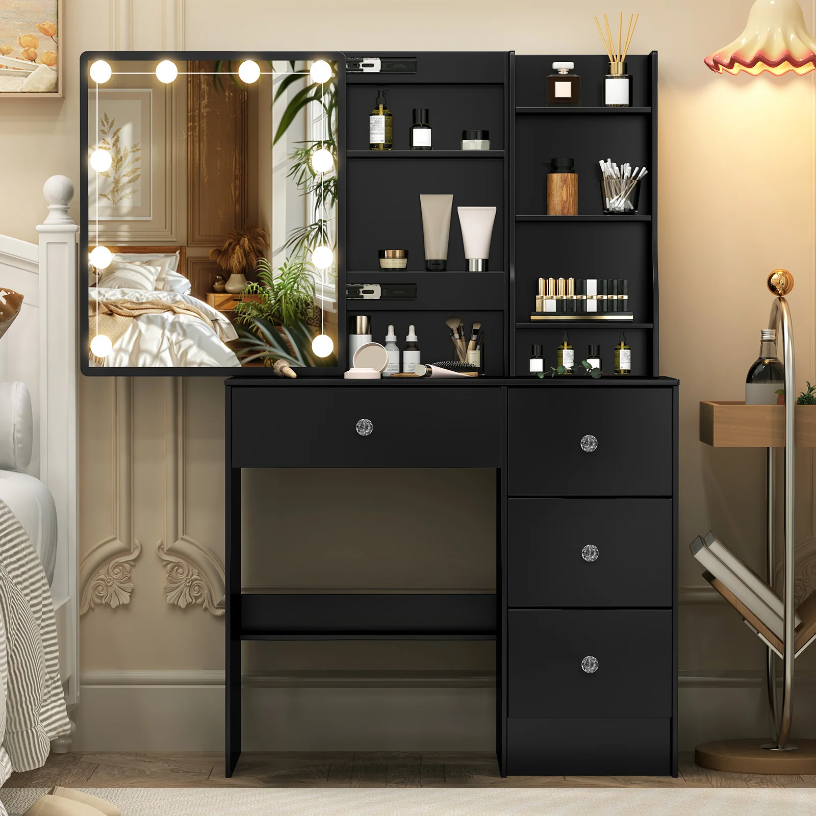 Elegant Wooden Dressing Table with Illuminated Mirror: 3 Dimmable Settings, Drawers & Hidden Storage