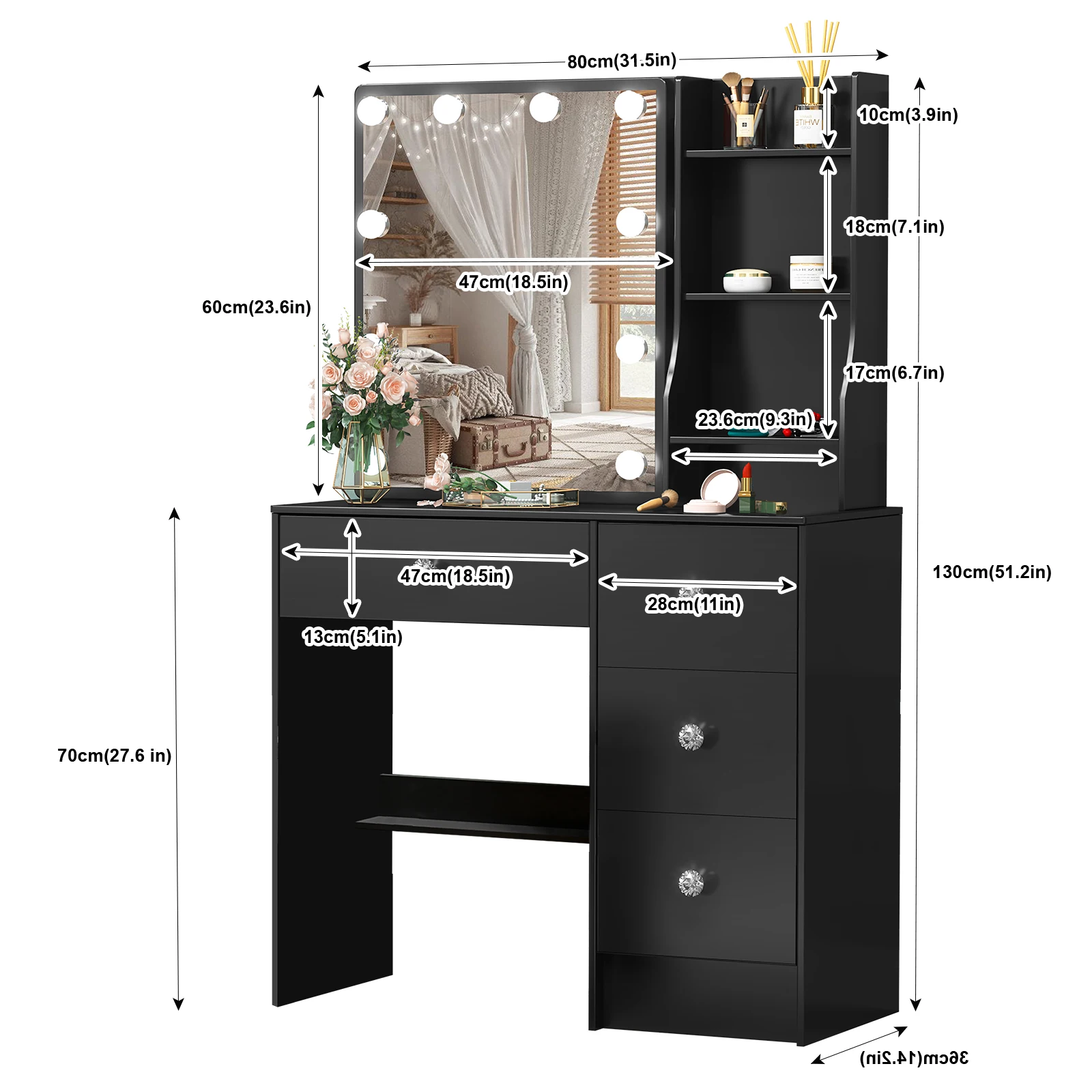 Elegant Wooden Dressing Table with Illuminated Mirror: 3 Dimmable Settings, Drawers & Hidden Storage