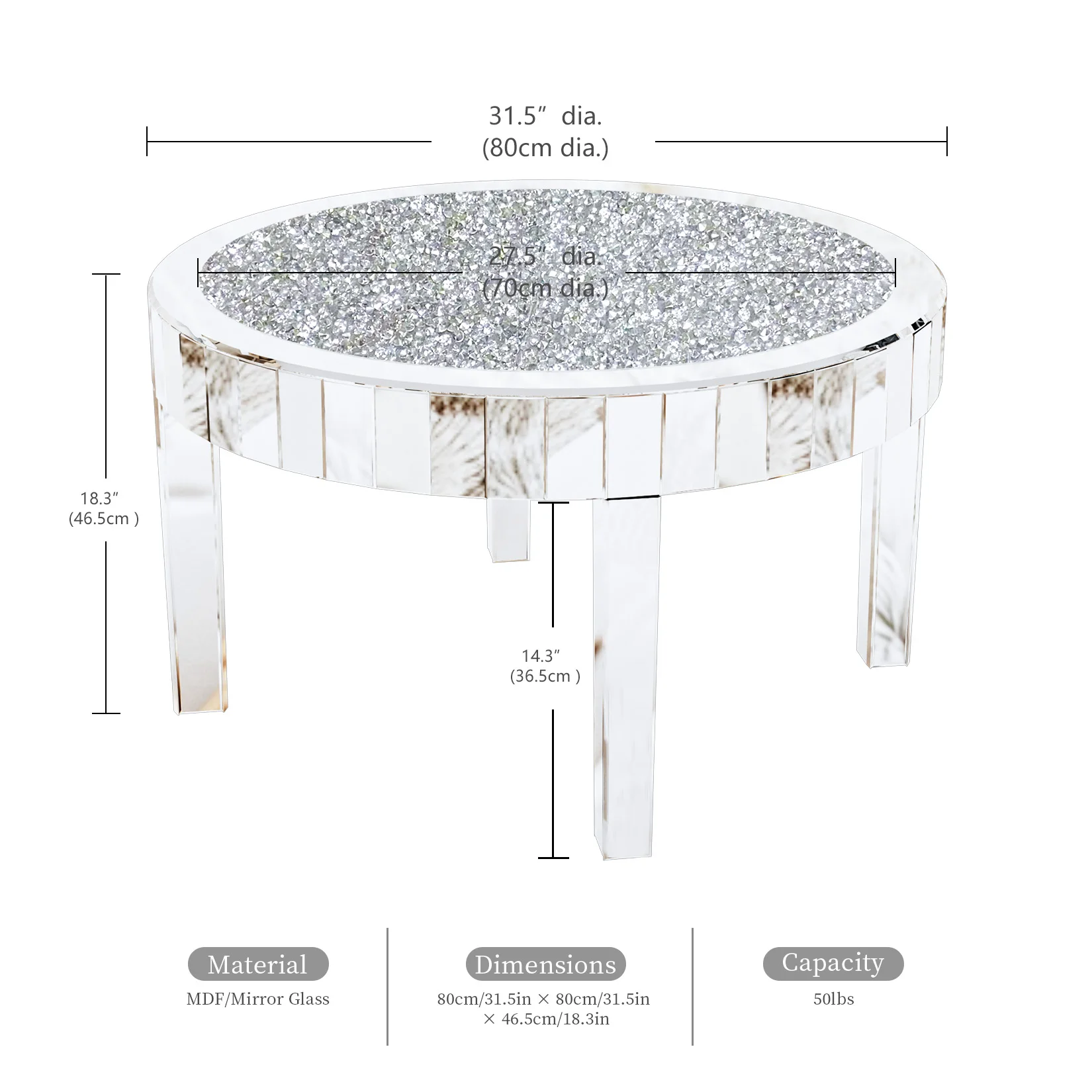 FATIVO Large Round Mirrored Coffee Table Beveled Bling Crushed Diamond End Table