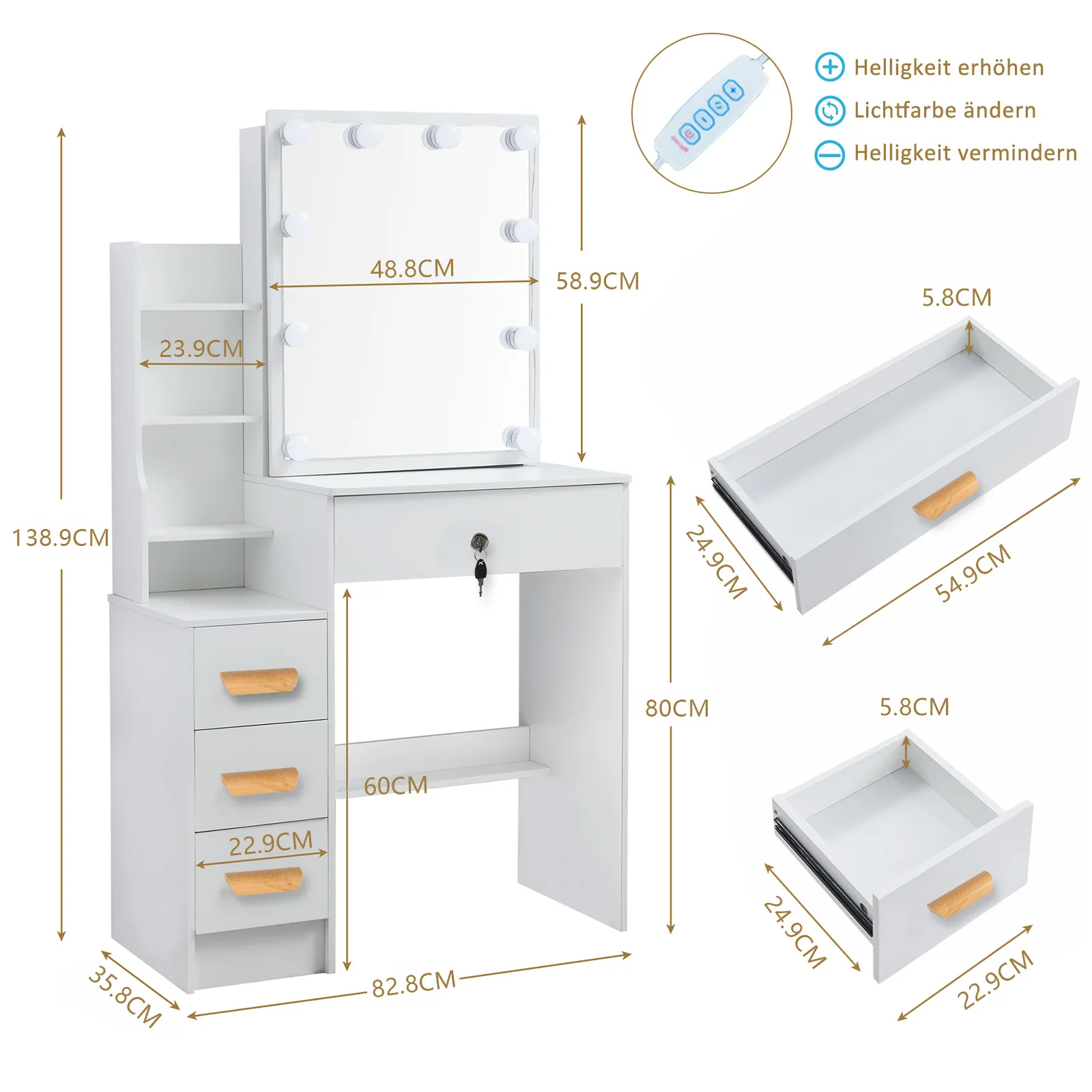 White Modern Vanity Table Set with LED Lighted Mirror & Stool Drawer Storage Makeup Dressing Table for Bedroom Cosmetic