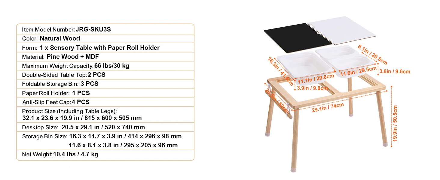 SucceBuy Wooden Sensory Table for Kids Activity with 3 Foldable Storage Bins & Double-Sided Board Indoor/Outdoor for Studying