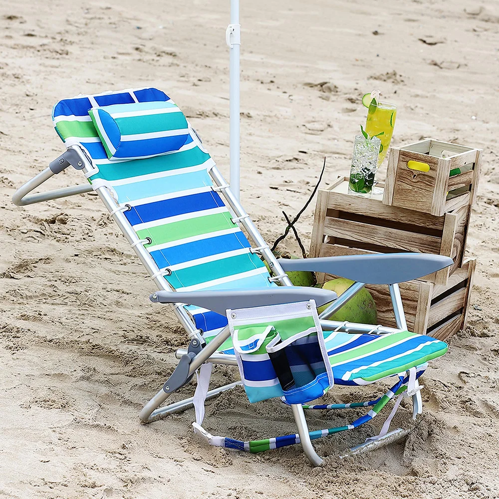 Backpack Beach Chair Adults 5 Reclining Lay Flat With Cup/Phone/Towel Holders Lightweight 9LB 350LB Capacity For Beach Camping