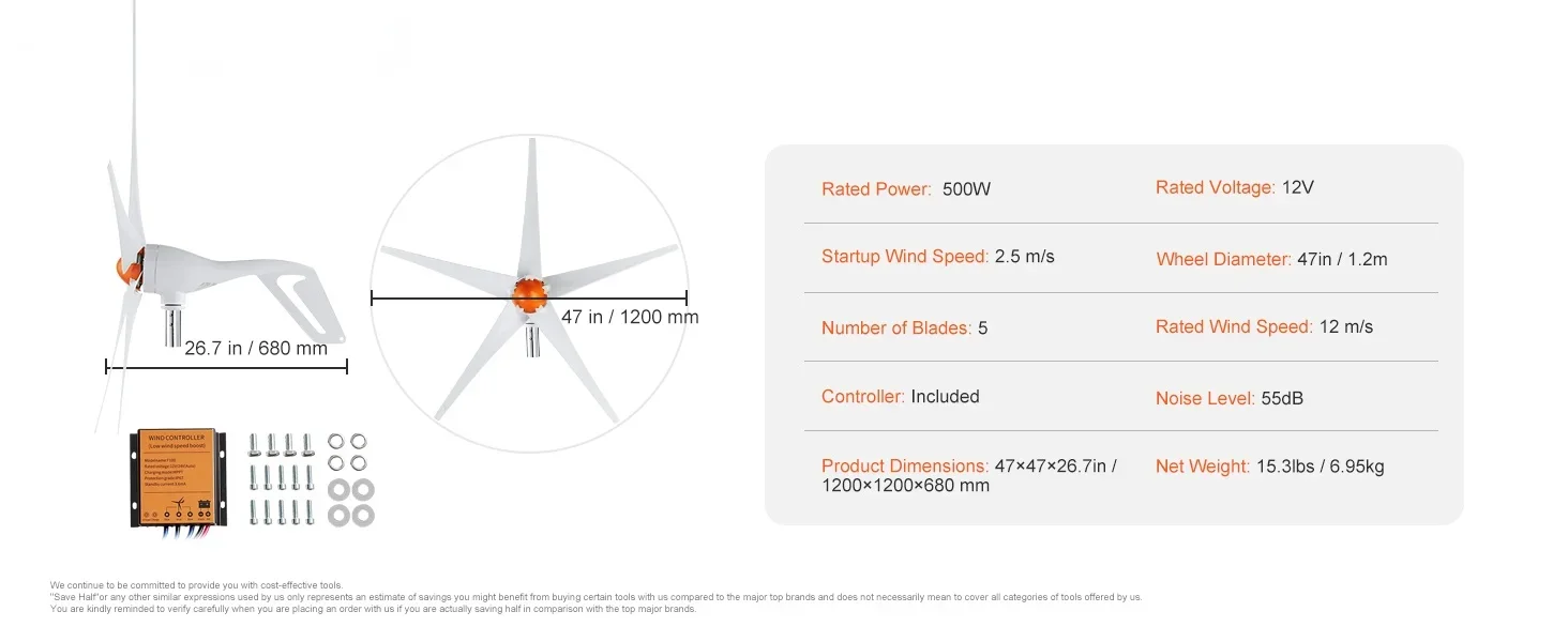 SucceBuy Wind Turbine Generator 12 V 500W/800W Wind Turbine Wind Power Generator with MPPT Controller Suitable for Farm Home RVs