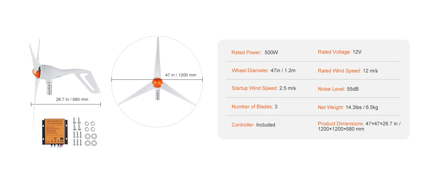 SucceBuy Wind Turbine Generator 12 V 500W/800W Wind Turbine Wind Power Generator with MPPT Controller Suitable for Farm Home RVs