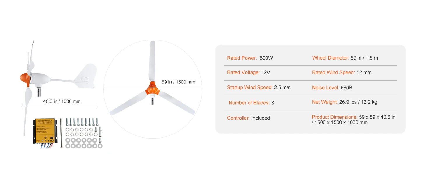 SucceBuy Wind Turbine Generator 12 V 500W/800W Wind Turbine Wind Power Generator with MPPT Controller Suitable for Farm Home RVs
