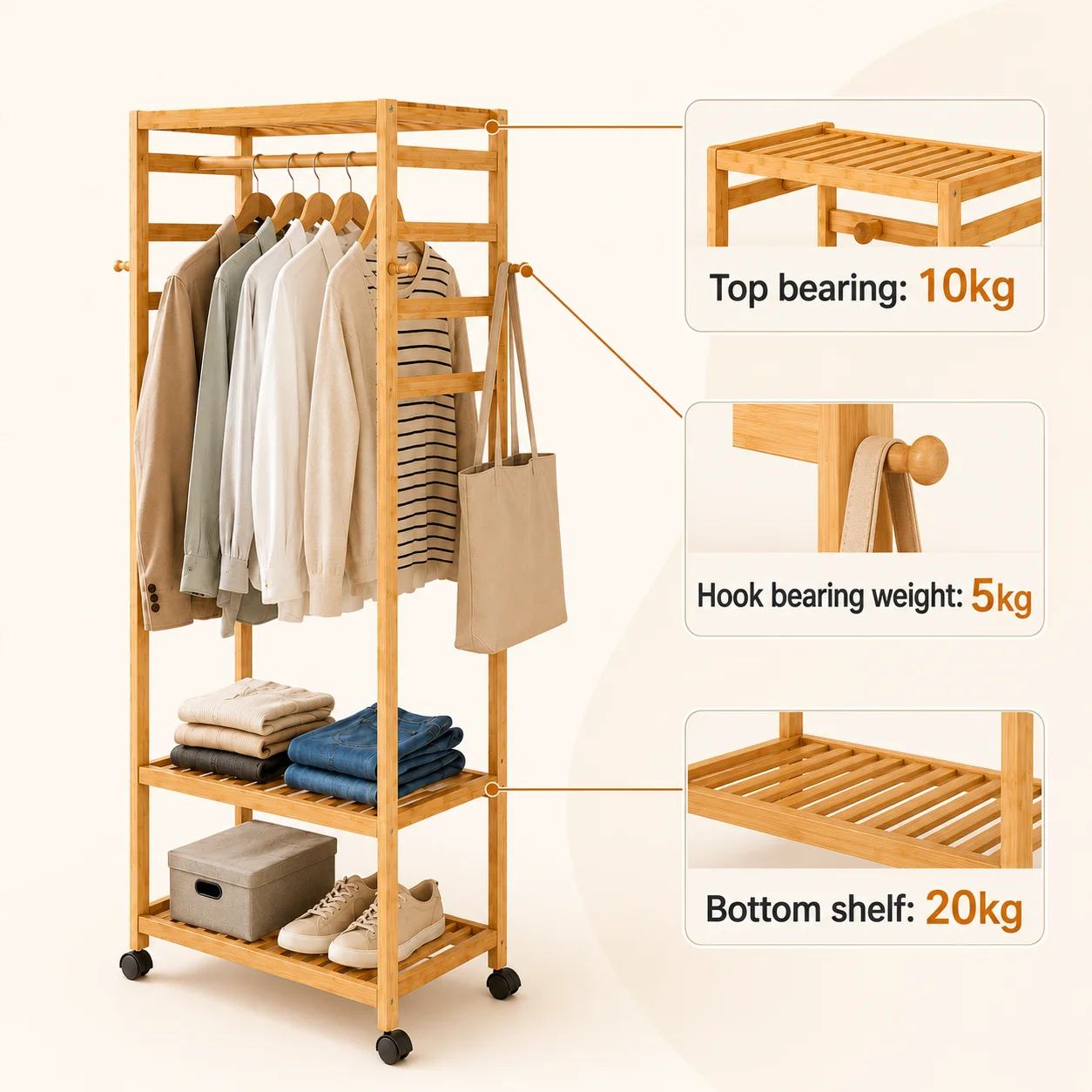 Rolling Bamboo Clothes Rack with Shelves and Hooks, Freestanding Garment Rack Organizer for Bedroom, Laundry Room and Entryway