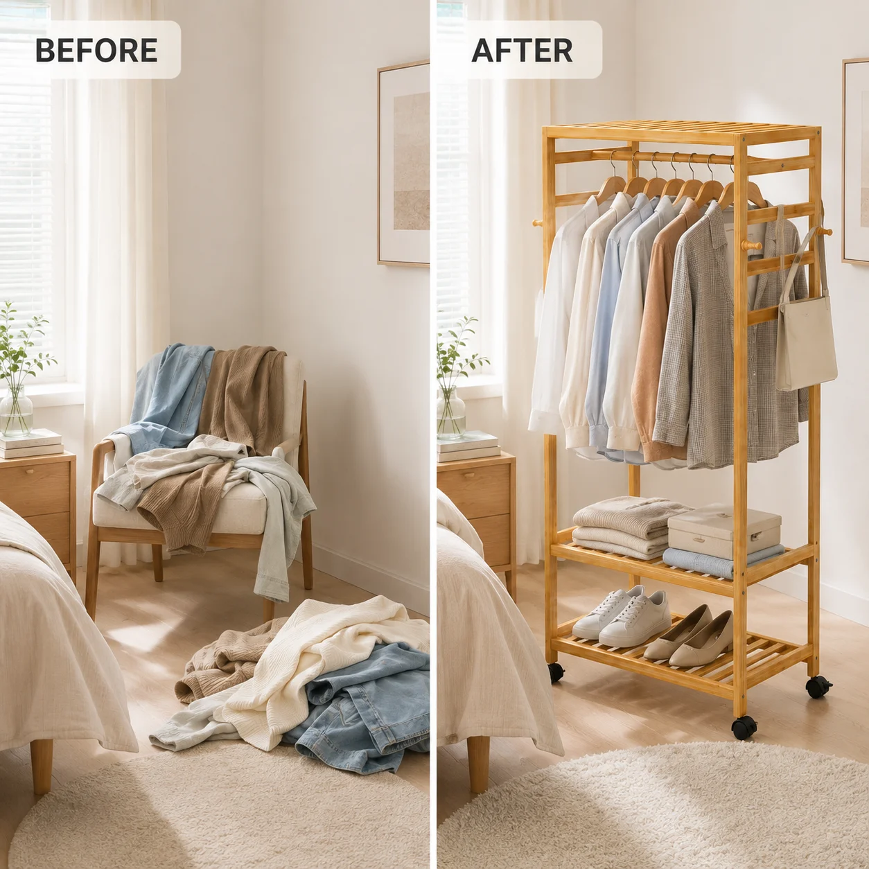 Rolling Bamboo Clothes Rack with Shelves and Hooks, Freestanding Garment Rack Organizer for Bedroom, Laundry Room and Entryway