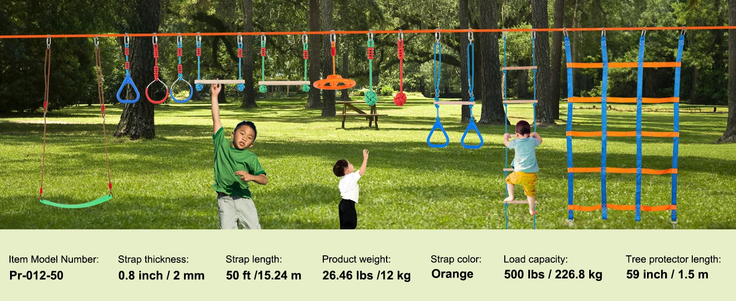 SucceBuy 2x50/56/60/65FT Ninja Warrior Obstacle Course for Kids Weatherproof Slacklines 500lbs Weight Outdoor Playset Equipment