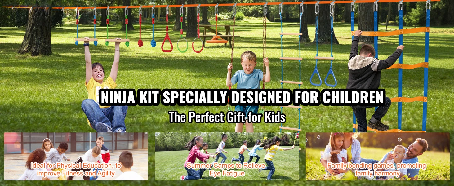 SucceBuy 2x50/56/60/65FT Ninja Warrior Obstacle Course for Kids Weatherproof Slacklines 500lbs Weight Outdoor Playset Equipment