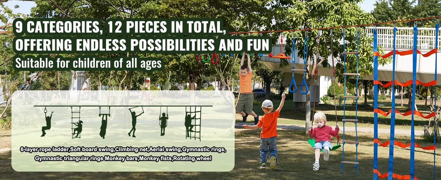 SucceBuy 2x50/56/60/65FT Ninja Warrior Obstacle Course for Kids Weatherproof Slacklines 500lbs Weight Outdoor Playset Equipment