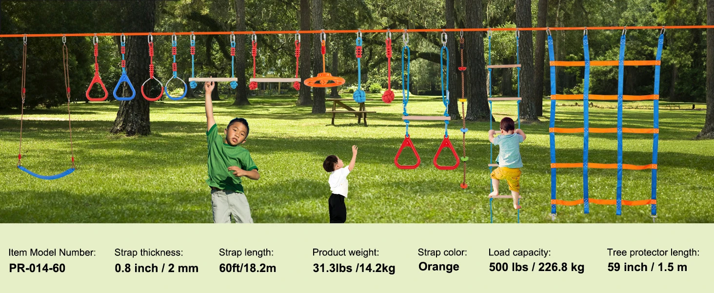 SucceBuy 2x50/56/60/65FT Ninja Warrior Obstacle Course for Kids Weatherproof Slacklines 500lbs Weight Outdoor Playset Equipment