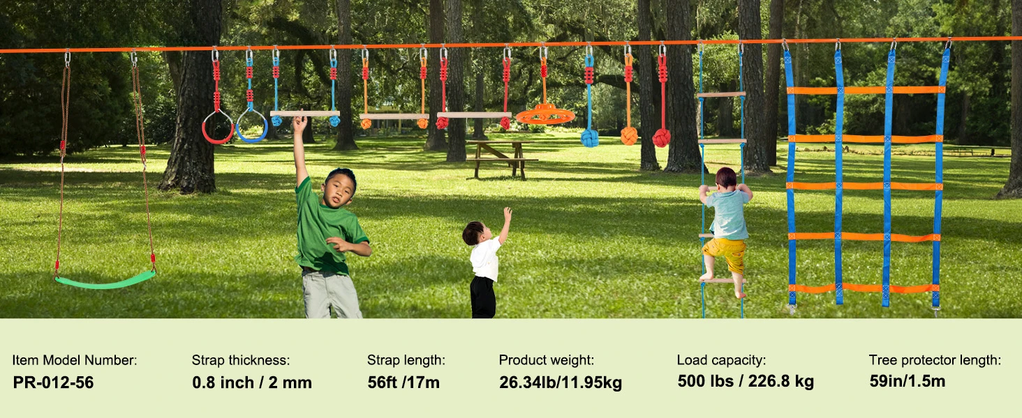 SucceBuy 2x50/56/60/65FT Ninja Warrior Obstacle Course for Kids Weatherproof Slacklines 500lbs Weight Outdoor Playset Equipment