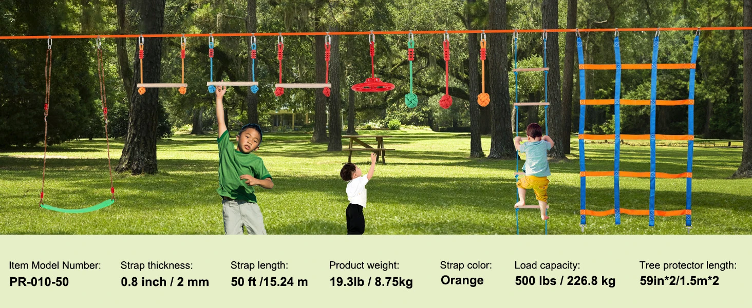 SucceBuy 2x50/56/60/65FT Ninja Warrior Obstacle Course for Kids Weatherproof Slacklines 500lbs Weight Outdoor Playset Equipment