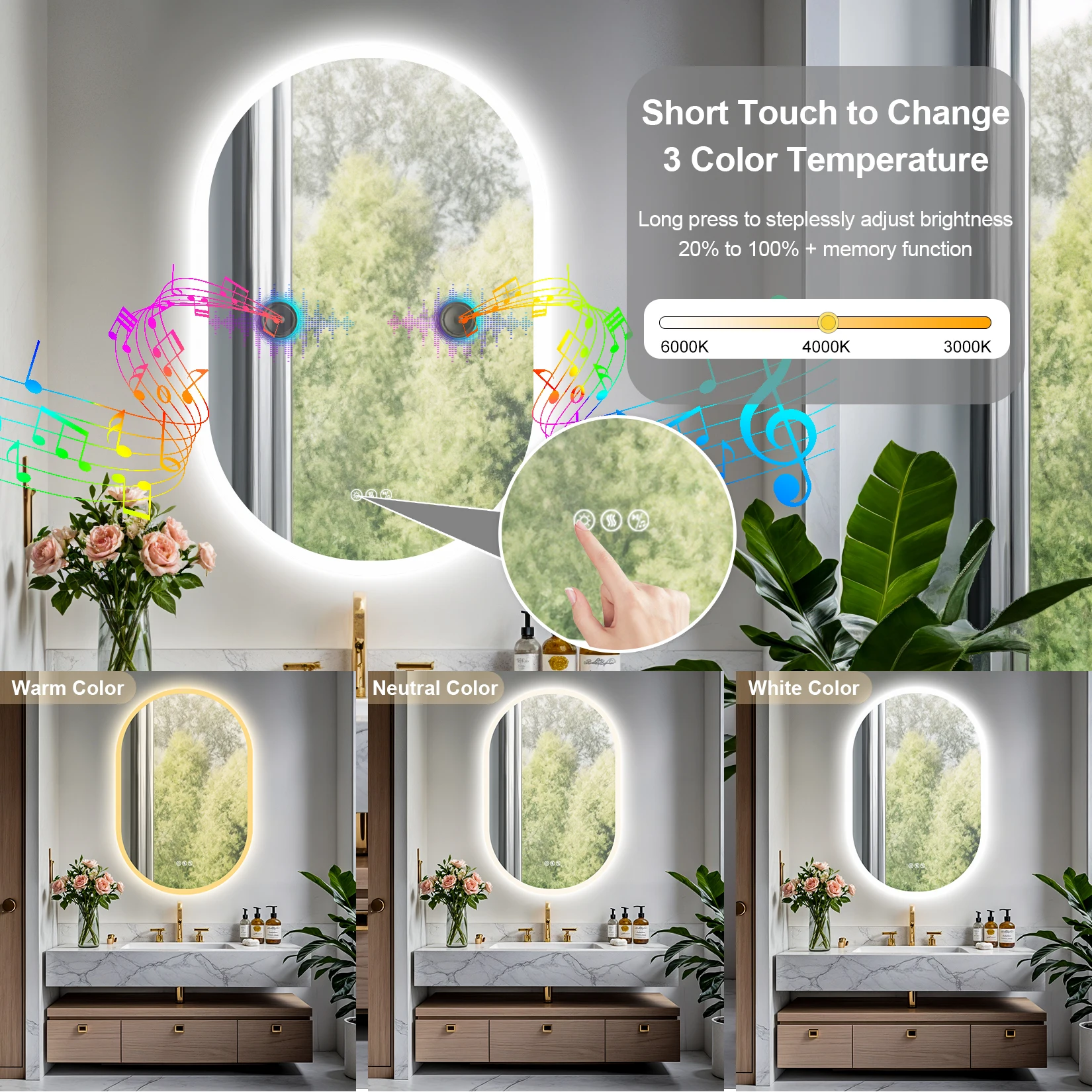 Led Bathroom Mirror 900x600mm Oval Illuminated Wall Vanity Mirror w Bluetooth, 3 Colors Change, Temperature, Defogging Functions