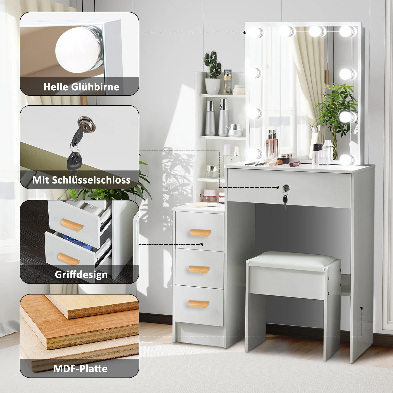 Teousev White Vanity Desk Set with 10 Bulbs 3-Color Dimmable LED Makeup Mirror & Stool, Storage Dressing Table Furniture