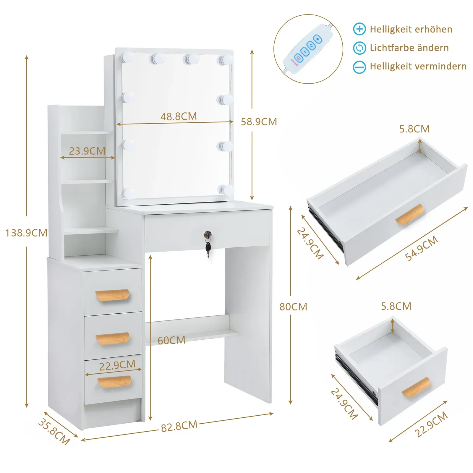 Teousev White Vanity Desk Set with 10 Bulbs 3-Color Dimmable LED Makeup Mirror & Stool, Storage Dressing Table Furniture