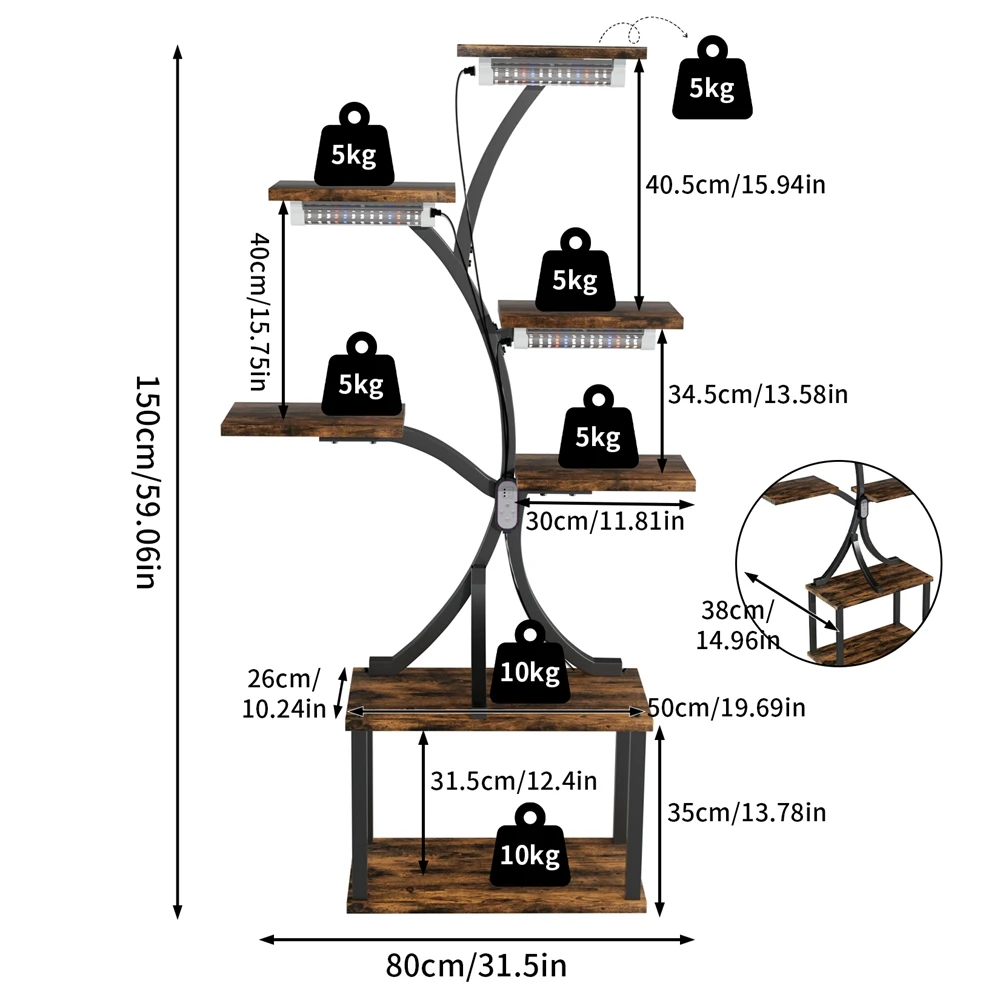 7 Tiered Plant Stand Branch Shape Metal Flower Display Rack Holder with LED Grow Lights