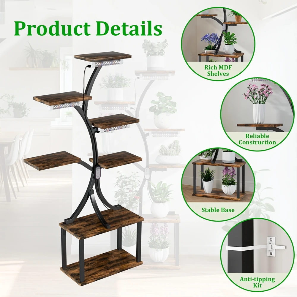 7 Tiered Plant Stand Branch Shape Metal Flower Display Rack Holder with LED Grow Lights
