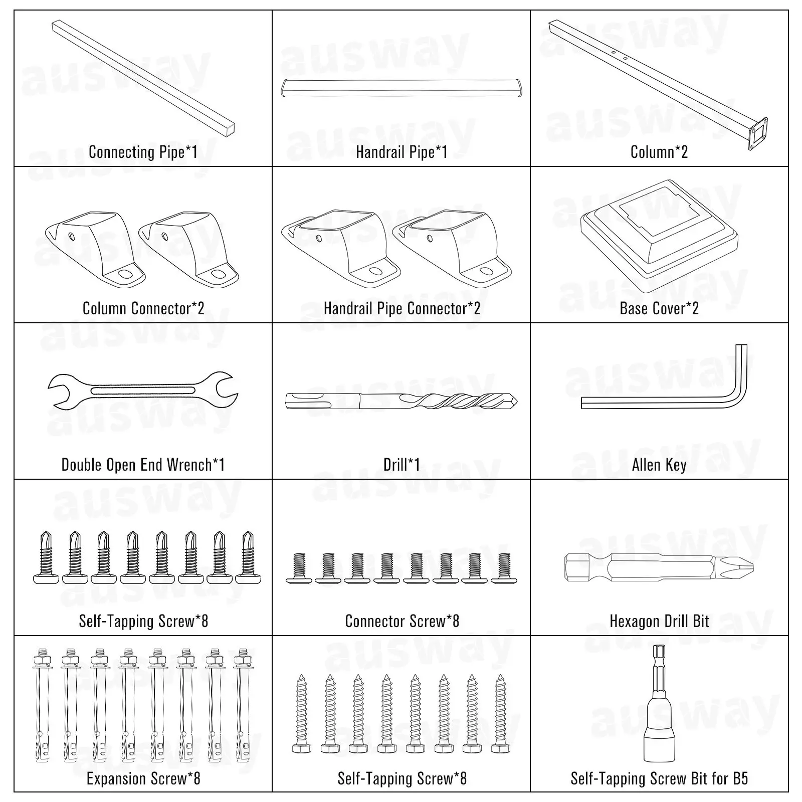OGL Stair Handrails Outdoor Steps Rail 2-3 Step Staircase Safety Railings Fence Indoor Concrete Balcony Porch Deck 97x102.5cm