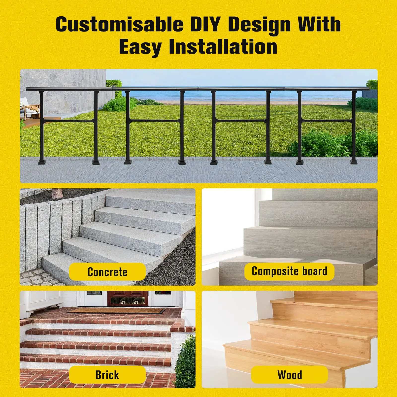 OGL Stair Handrails Outdoor Steps Rail 2-3 Step Staircase Safety Railings Fence Indoor Concrete Balcony Porch Deck 97x102.5cm