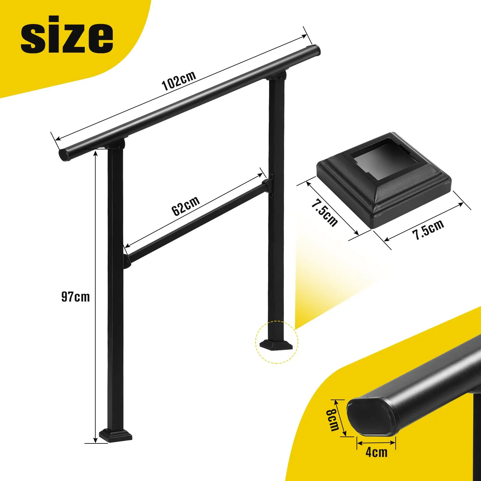 OGL Stair Handrails Outdoor Steps Rail 2-3 Step Staircase Safety Railings Fence Indoor Concrete Balcony Porch Deck 97x102.5cm