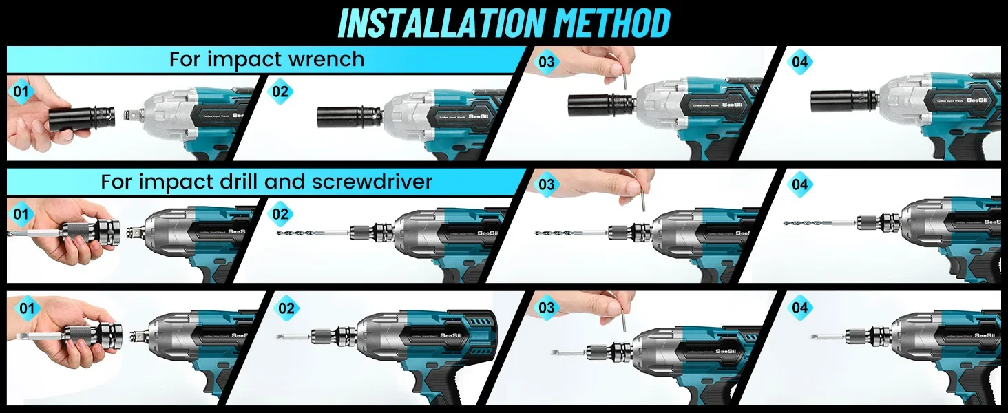 Seesii Cordless Impact Wrench 1/2 inch Brushless Impact Gun Max Torque 650Nm 3300RPM 2x 4.0 For makita Battery Impact Driver
