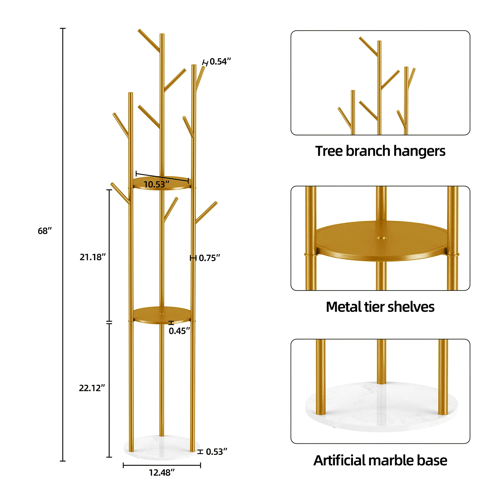 Freestanding Metal Coat Rack Stand Marble Base Clothes Hanger Hall Tree with Storage Shelves and Hooks