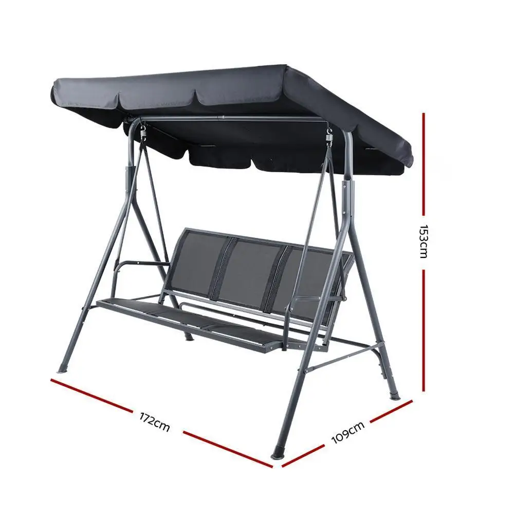 Outdoor Swing Chair Garden Bench Canopy 3 Seater Mesh Black Patio Hanging Seat Furniture