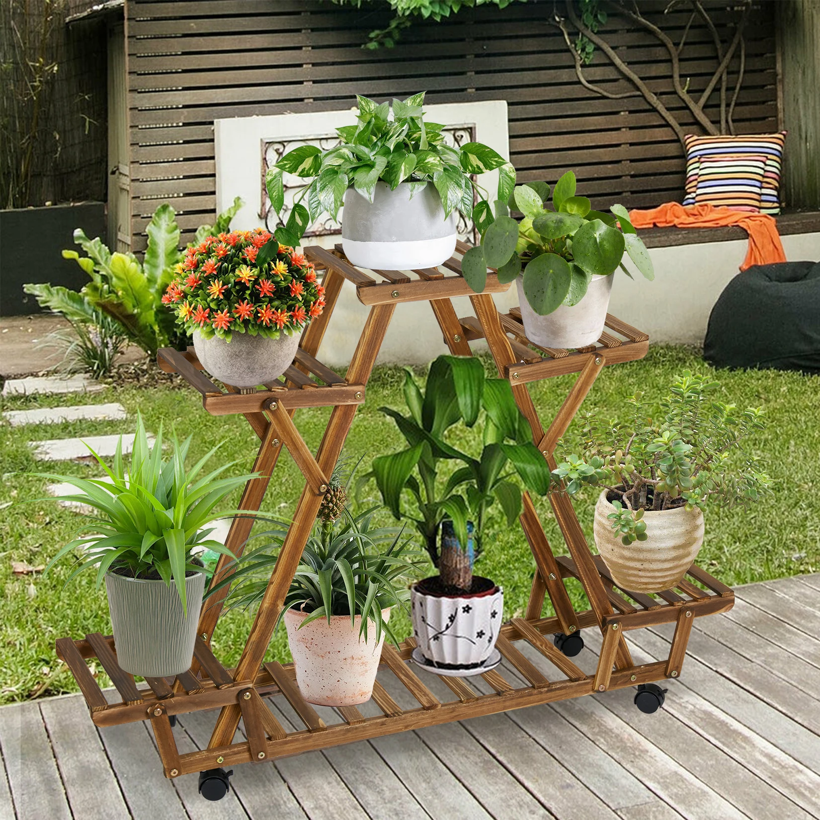 6 Pots Wood Plant Stand Triangular Rolling Flower Holder Storage Rack Outdoor Garden Decorative Rolling Plant Stand