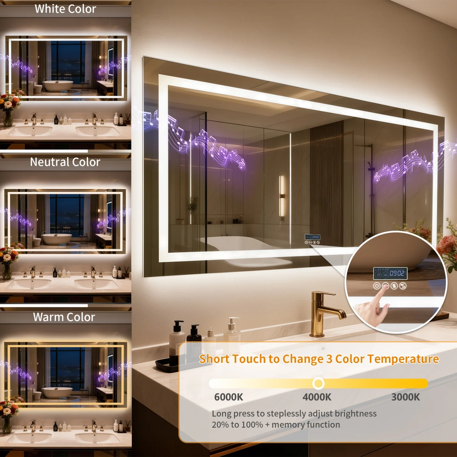 80/100/120/140/160/183cm Bluetooth LED Bathroom Mirror with Dual Speaker and Digital Display Backlight Vanity Mirror Dimmable 3 Colors Antifog