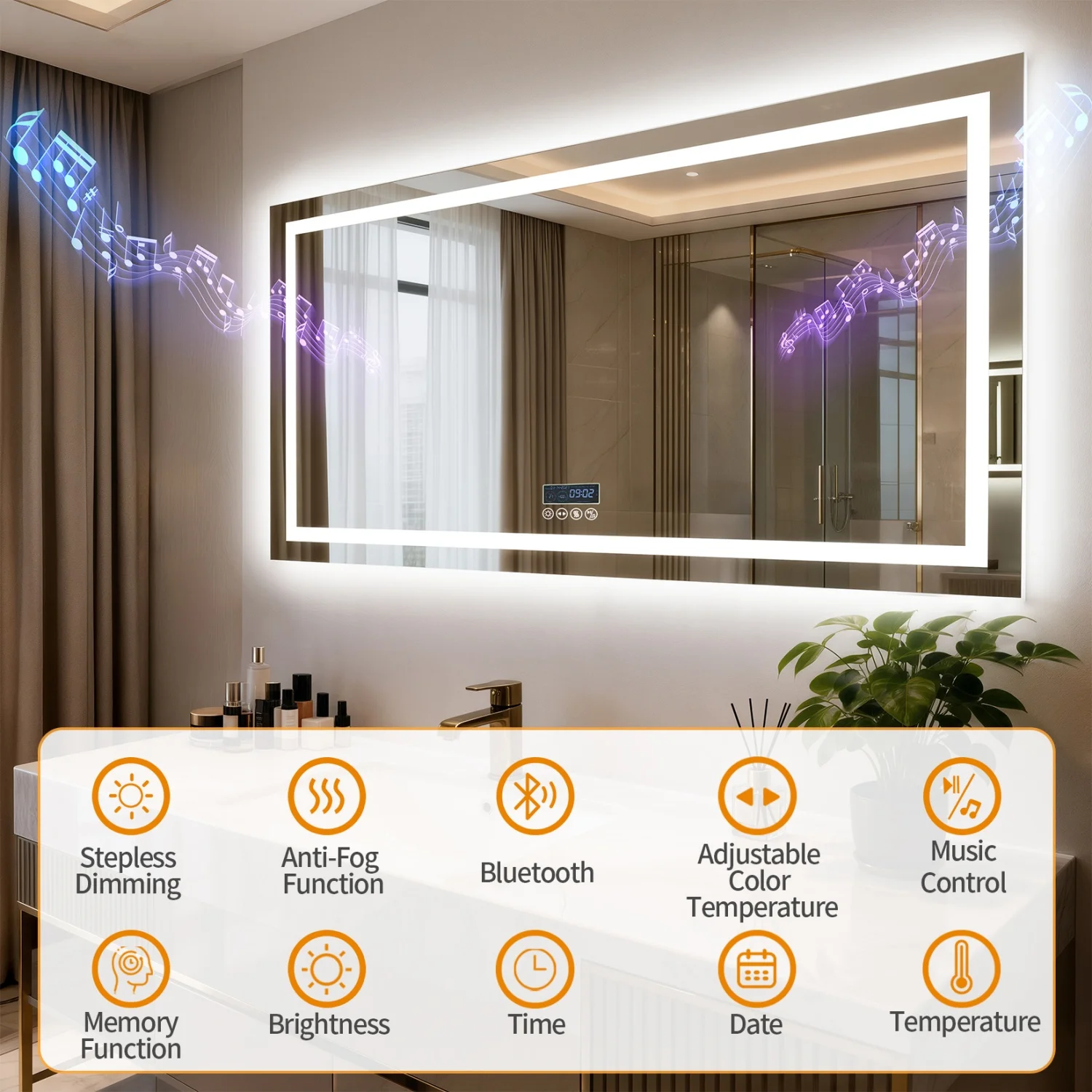 80/100/120/140/160/183cm Bluetooth LED Bathroom Mirror with Dual Speaker and Digital Display Backlight Vanity Mirror Dimmable 3 Colors Antifog