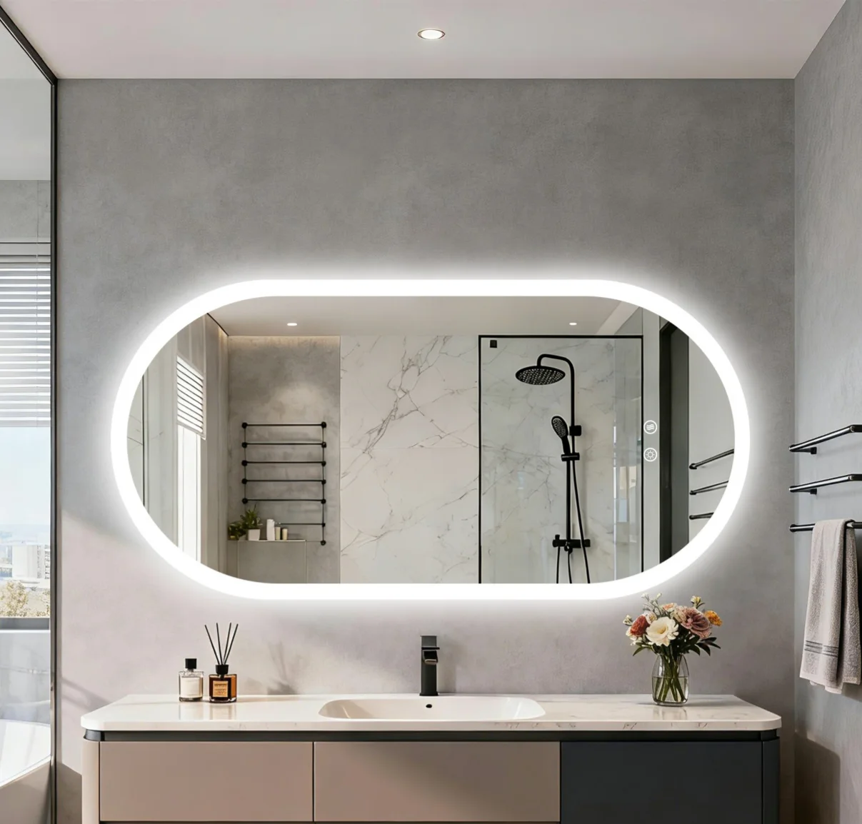 80/100/120CM Oblong Oval Illuminated Bathroom Mirror Tempered Glass Backlit Vanity Mirror 3 Colors Lighting Antifog for Makeup