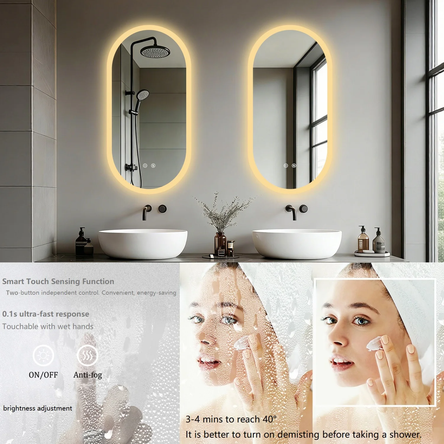 80/100/120CM Oblong Oval Illuminated Bathroom Mirror Tempered Glass Backlit Vanity Mirror 3 Colors Lighting Antifog for Makeup