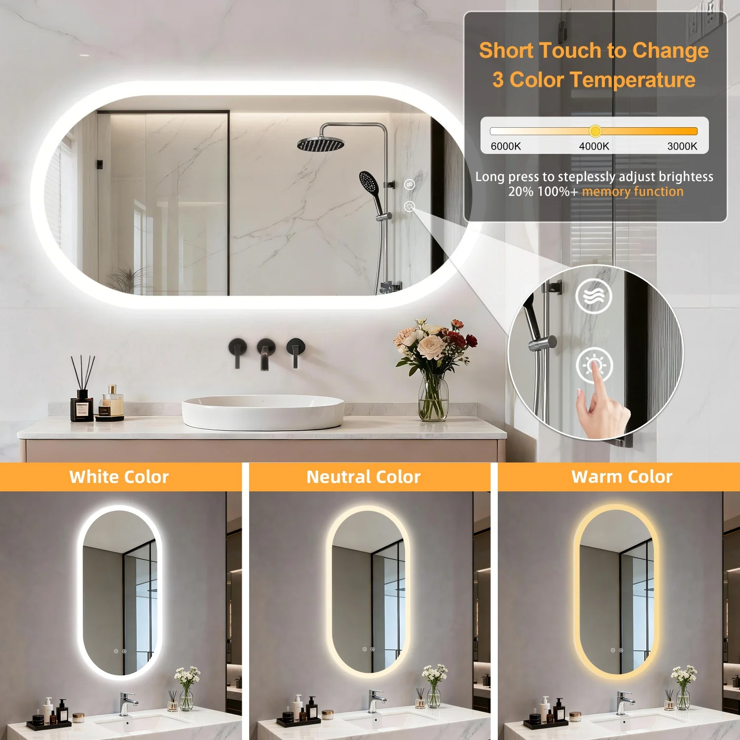 80/100/120CM Oblong Oval Illuminated Bathroom Mirror Tempered Glass Backlit Vanity Mirror 3 Colors Lighting Antifog for Makeup