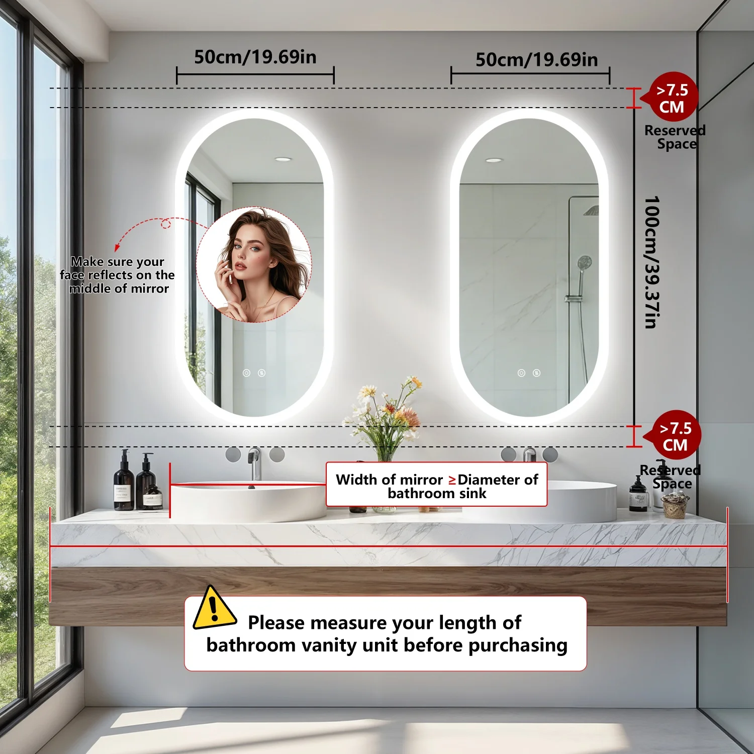 80/100/120CM Oblong Oval Illuminated Bathroom Mirror Tempered Glass Backlit Vanity Mirror 3 Colors Lighting Antifog for Makeup