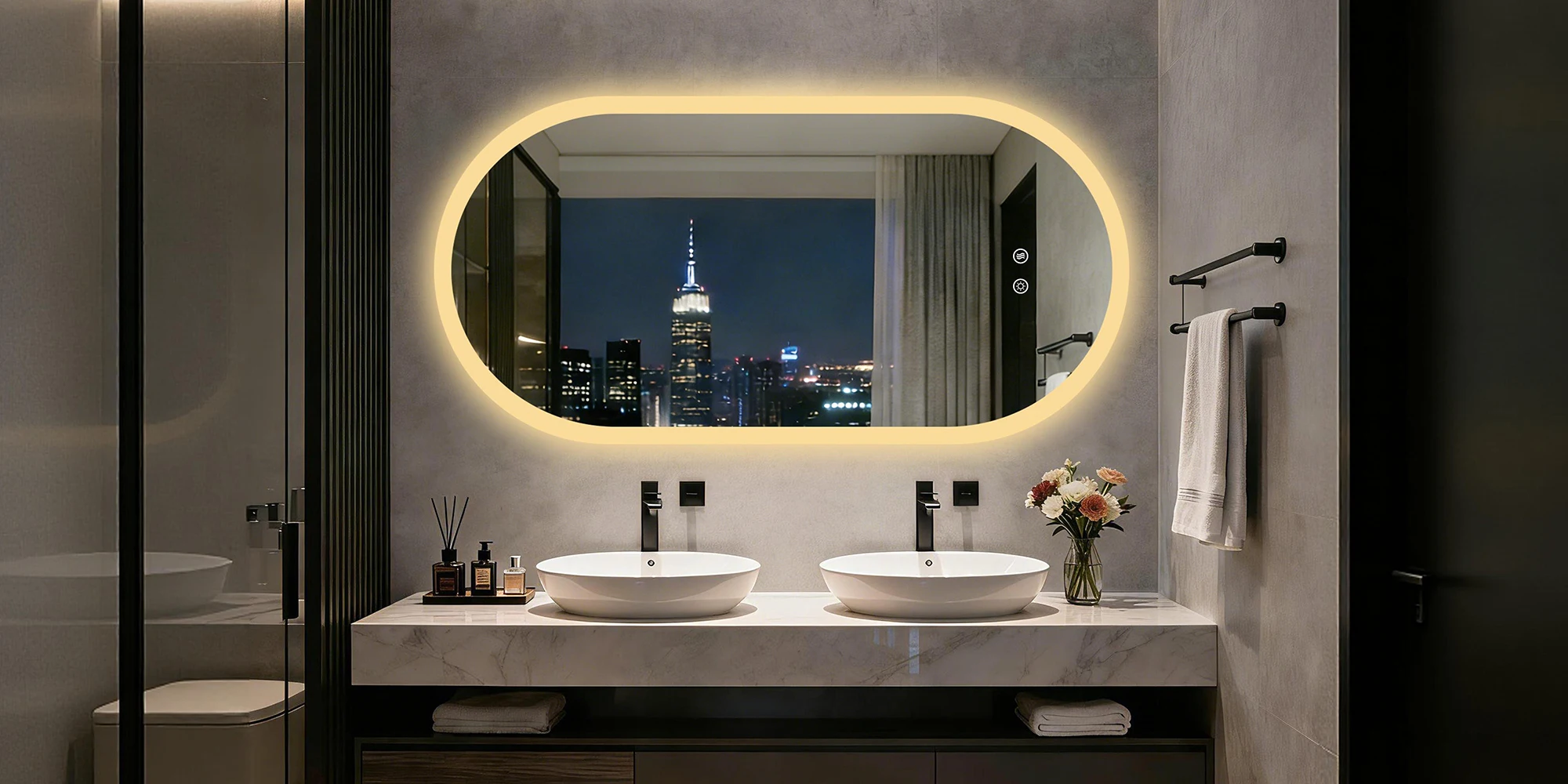 80/100/120CM Oblong Oval Illuminated Bathroom Mirror Tempered Glass Backlit Vanity Mirror 3 Colors Lighting Antifog for Makeup
