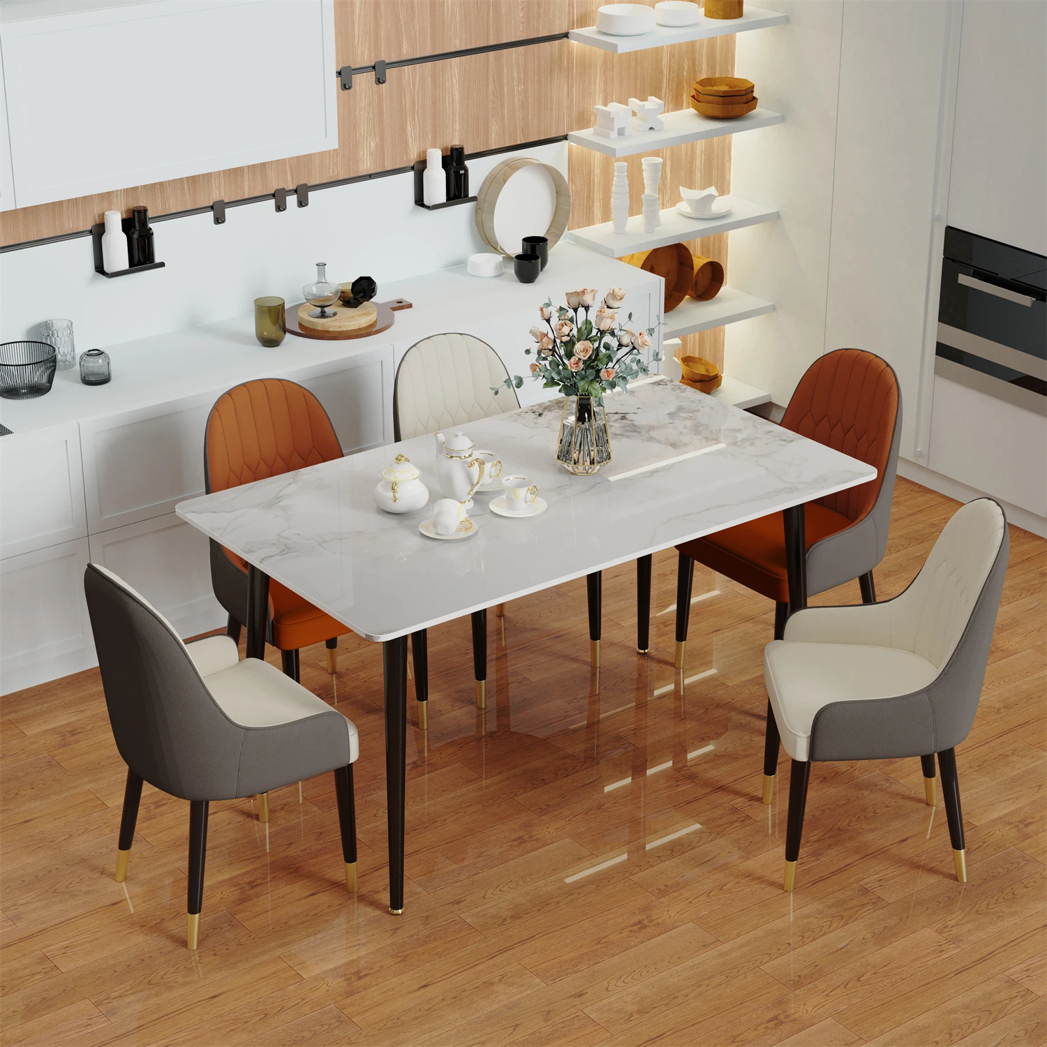 High Gloss 4-6 Seat Rectangular Marble Dining Table for Kitchen Island Restaurant Lunch Dinner Table Metal Frame