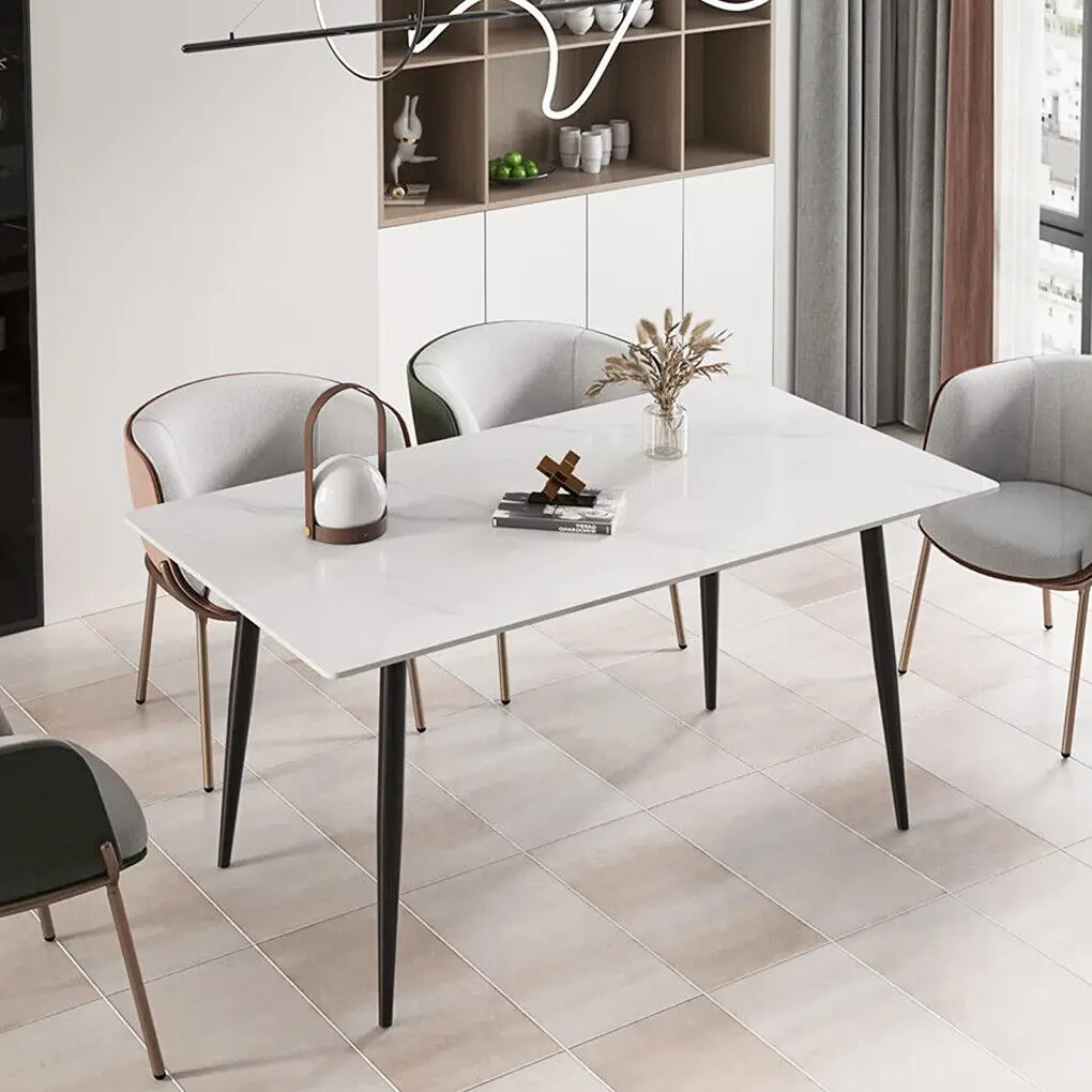 High Gloss 4-6 Seat Rectangular Marble Dining Table for Kitchen Island Restaurant Lunch Dinner Table Metal Frame