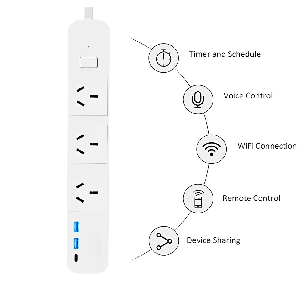 Melery Tuya WiFi Smart Power Strip Extension AU plug Socket with 2 USB Ports 1 Type-C Charging Remote Control Works Google Alexa