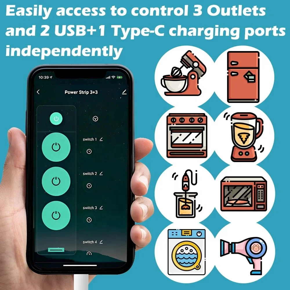 Melery Tuya WiFi Smart Power Strip Extension AU plug Socket with 2 USB Ports 1 Type-C Charging Remote Control Works Google Alexa
