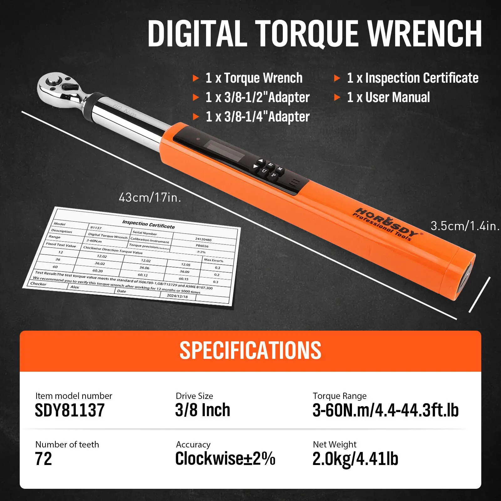 HORUSDY 3Pc 3/8" Digital Torque Wrench Set Adjustable 3-60N.m / 4.4-44 ft.lb