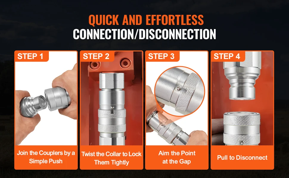 SucceBuy 1/2" Flat Face Hydraulic Couplers 1/2"NPT Skid Steer Hydraulic Quick Connect Couplers with 2 Dust Caps, Seal Dust Caps