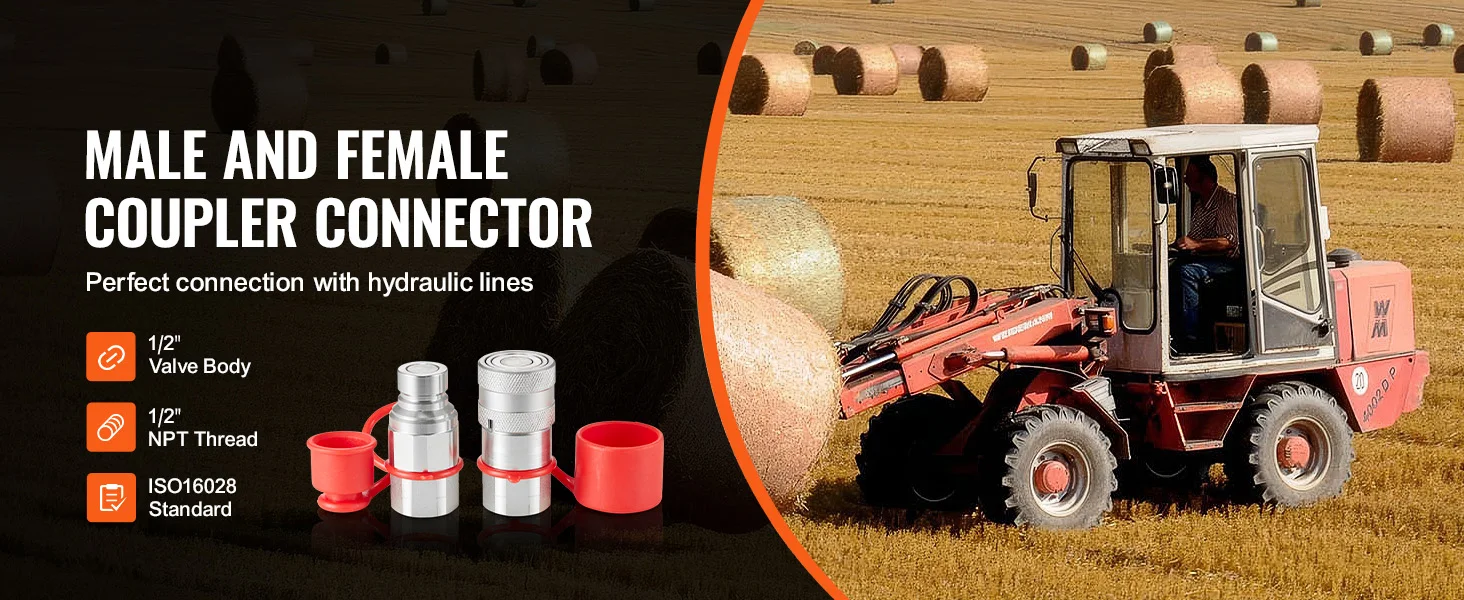 SucceBuy 1/2" Flat Face Hydraulic Couplers 1/2"NPT Skid Steer Hydraulic Quick Connect Couplers with 2 Dust Caps, Seal Dust Caps