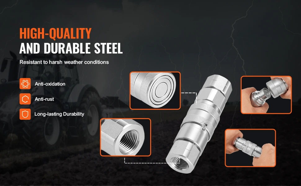 SucceBuy 1/2" Flat Face Hydraulic Couplers 1/2"NPT Skid Steer Hydraulic Quick Connect Couplers with 2 Dust Caps, Seal Dust Caps