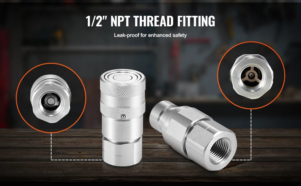 SucceBuy 1/2" Flat Face Hydraulic Couplers 1/2"NPT Skid Steer Hydraulic Quick Connect Couplers with 2 Dust Caps, Seal Dust Caps
